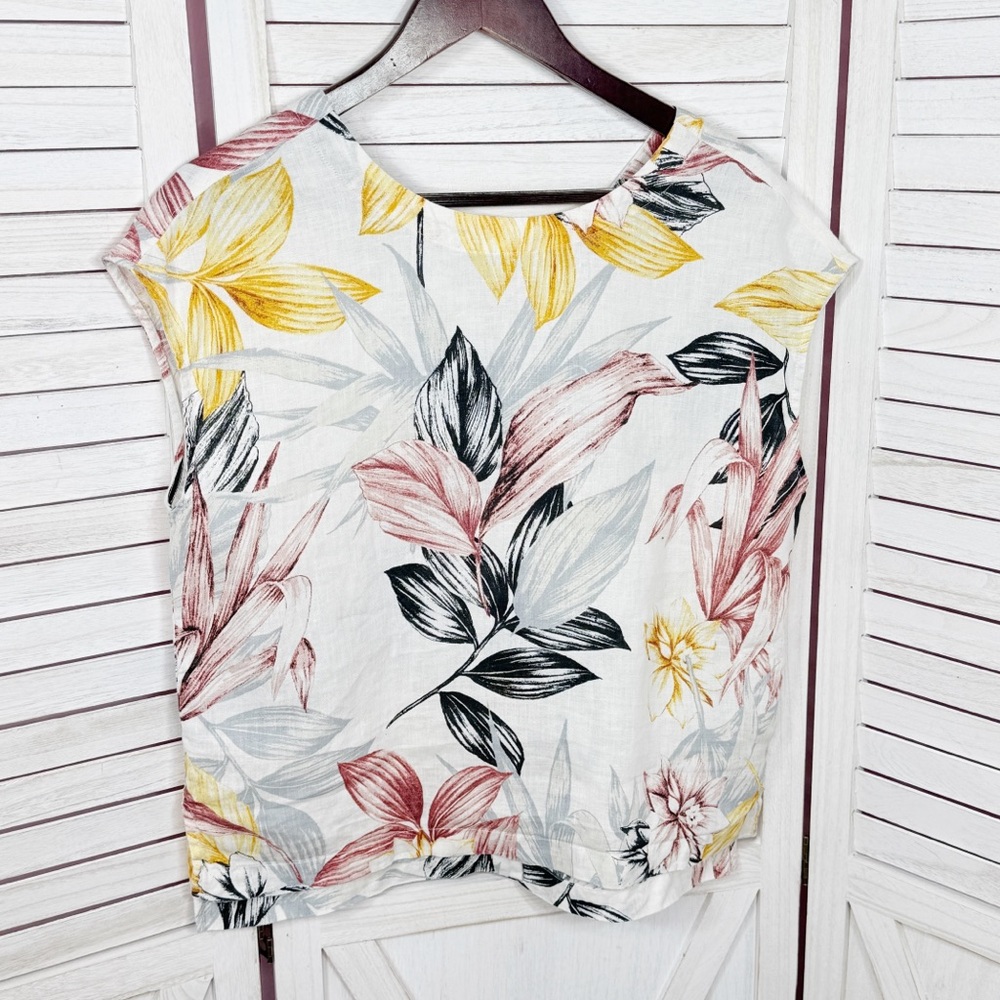 C&C California Tropical Palm Print Linen Button Back Shirt White Multi Medium - Picture 7 of 11